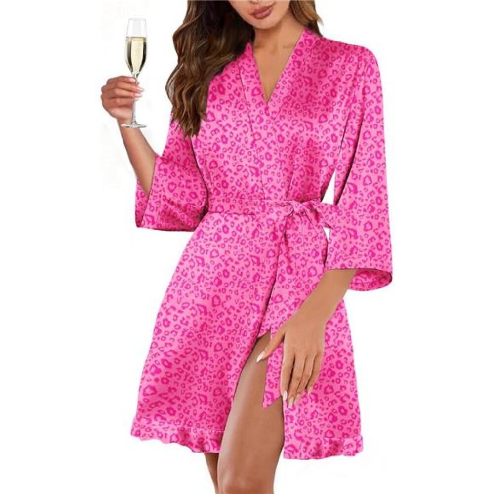 Women's Satin Robes Silk Kimono Bath Robe Short Ruffled Hem